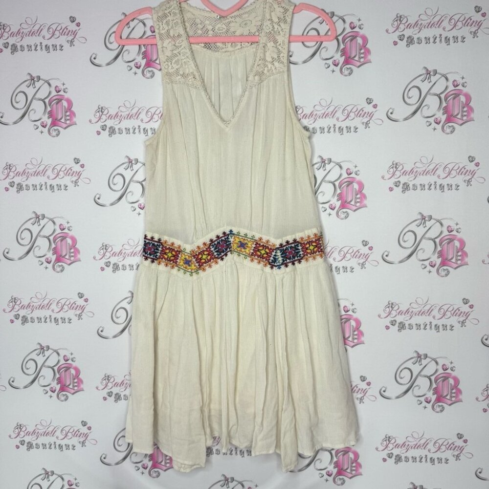 Free people dress Aztec embroidered embroidery cream white boho hippie flowy